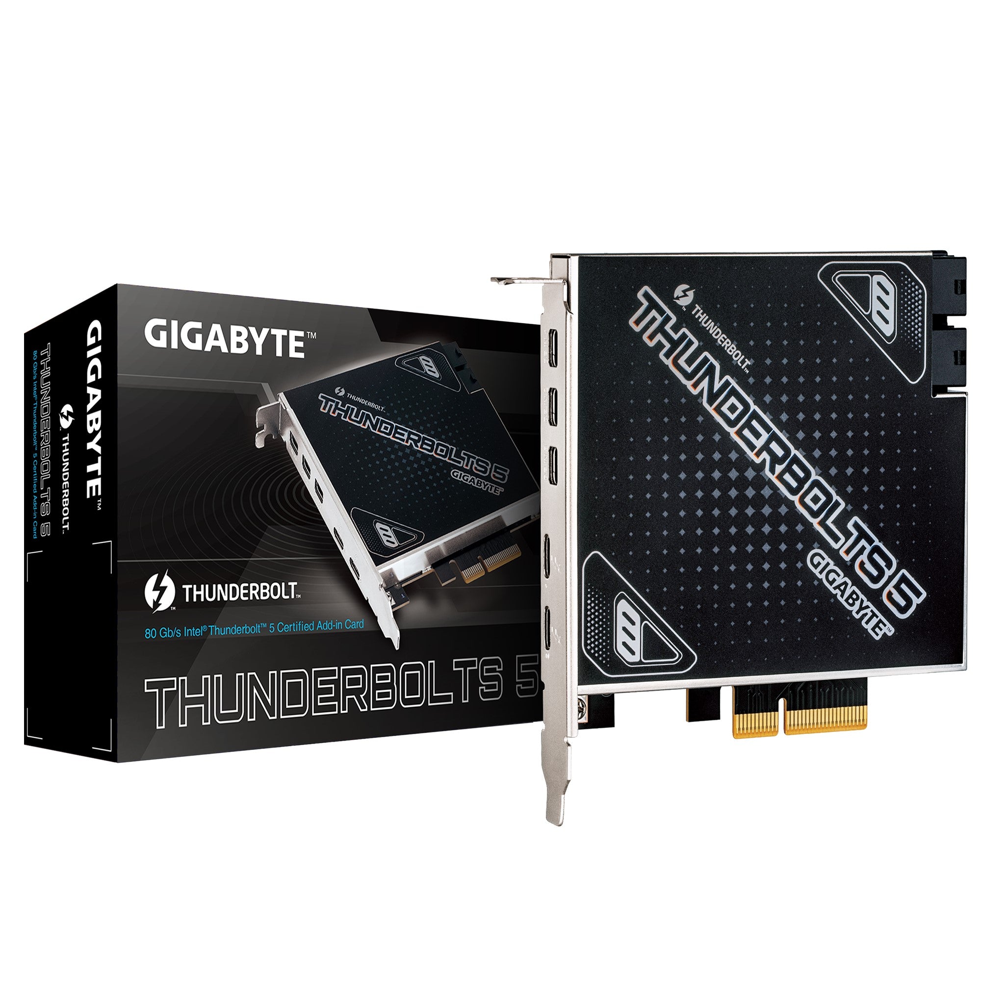 Gigabyte CARD THUNDERBOLTS 5 1.0 add-in card​, Intel JHL9580 Thunderbolt 5 controller​, Dual Thunderbolt 5 Ports, up to 80 Gb/s bi-directional Gigabyte CARD THUNDERBOLTS 5 1.0 add-in card​, Intel JHL9580 Thunderbolt 5 controller​, Dual Thunderbolt 5 Ports, up to 80 Gb/s bi-directional